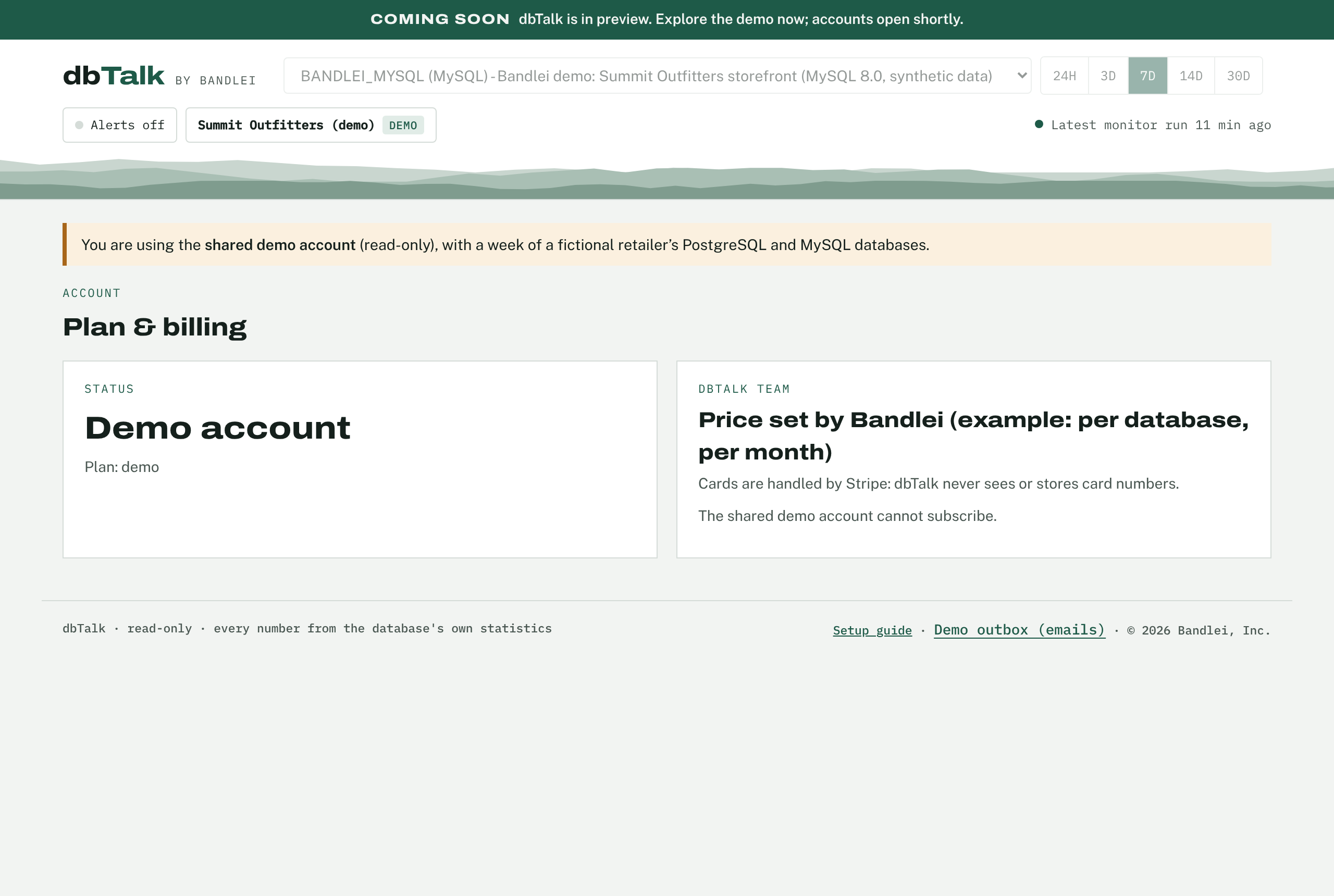 Plan and billing for the demo account.