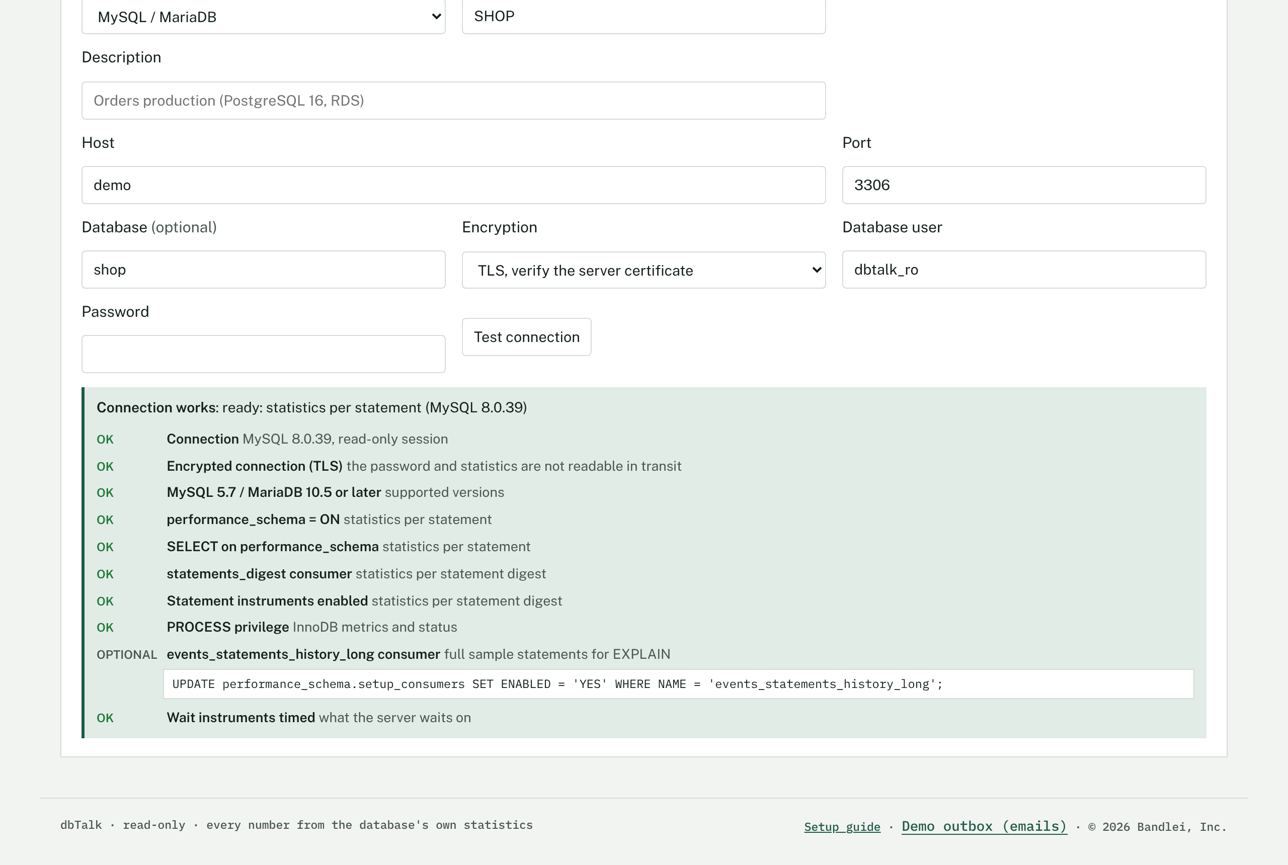 The Add a database form with a successful MySQL connection test listing performance_schema, the digest consumer and instruments as OK, and one optional item with the command to enable it.