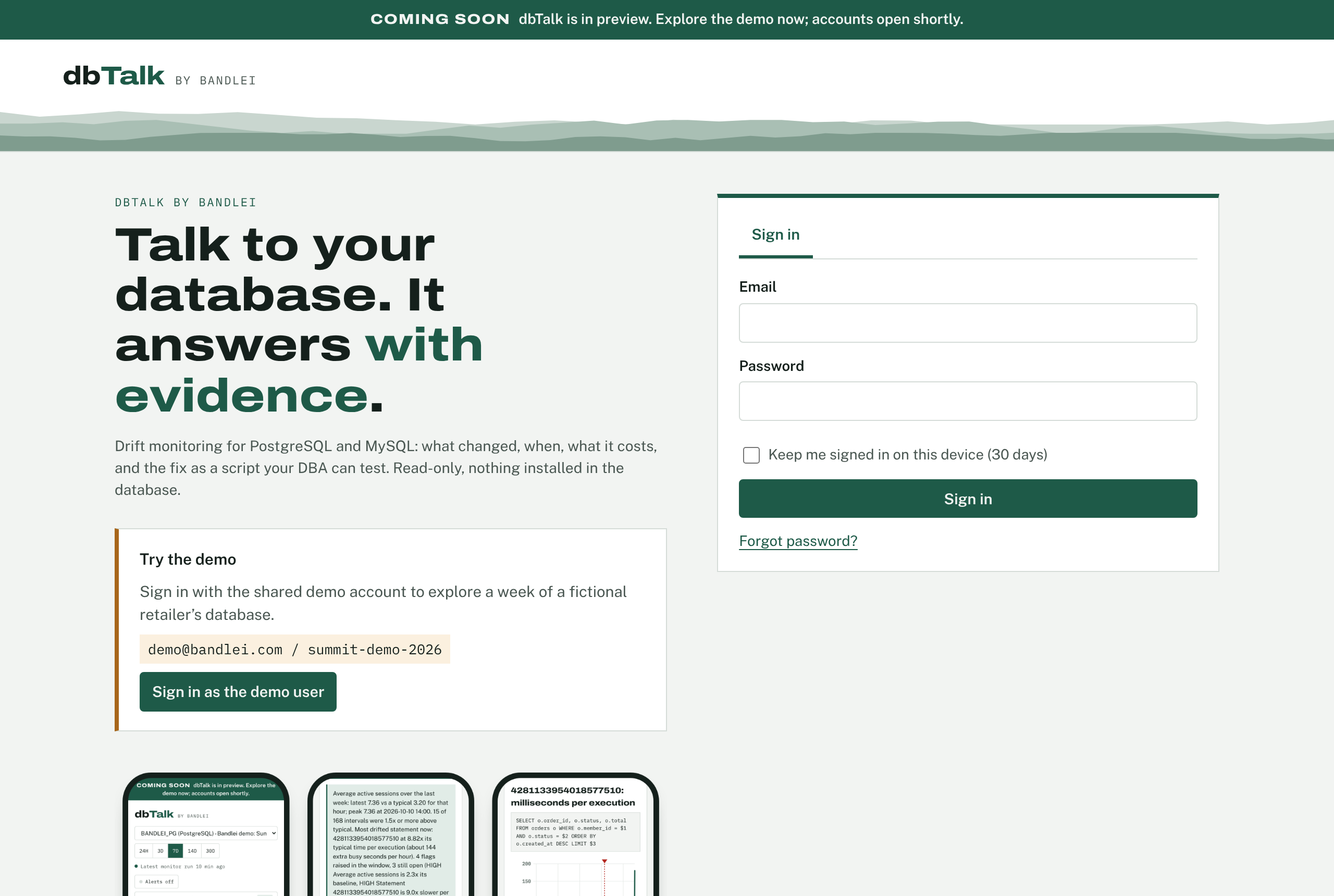 The dbTalk sign-in page with the coming-soon notice, the demo login and the sign-in form.